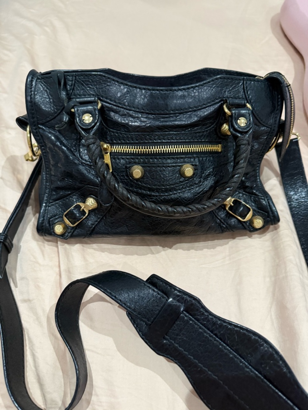 Balenciaga Black Leather Satchel Handbag with Gold Hardware
